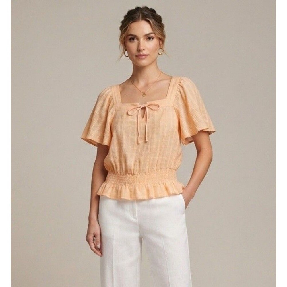 DKNY Jeans Orange 100% Cotton Flutter Sleeve Peplum Top Tie Front Women’s Size S